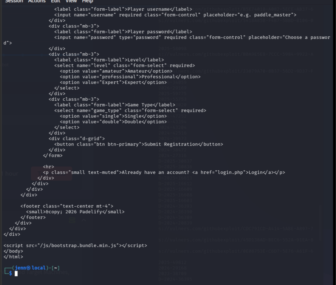 curl with Mozilla user agent HTML source part 2 showing registration form